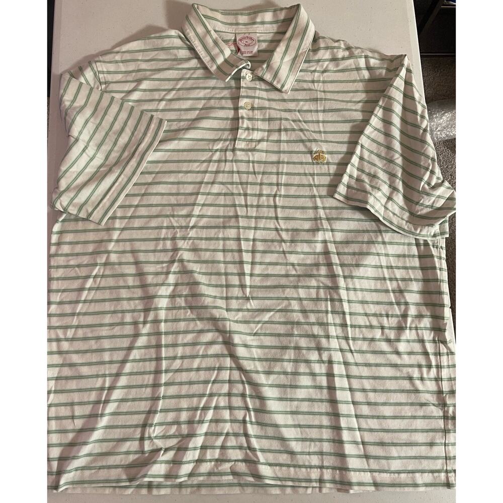 Brooks Brothers 346 Men’s White Green Stripes Polo with Gold Emblem Size XL